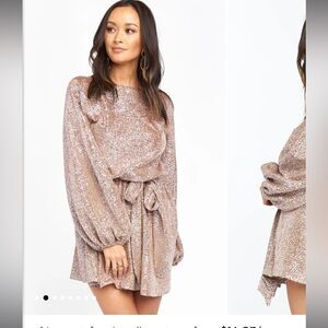 Mumu Liv Mini gold foil long sleeve tan confetti dress small s shimmer